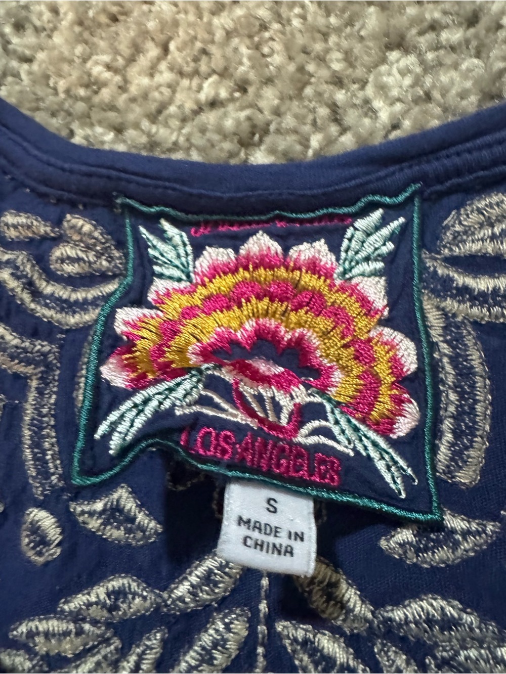 Johnny Was Embroidered Tie Waist Top Small Blue Cotton Boho Floral Tee - Picture 3 of 5